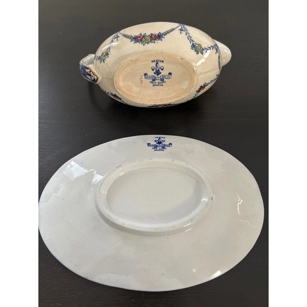 Barker Bros Merton Gravy Boat with Underplate Blue Floral Gold Trim England